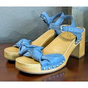 Sam & Libby Cassia Wood Heel Sandals Women 9 Blue Ankle Strap Vtg Y2k Bow